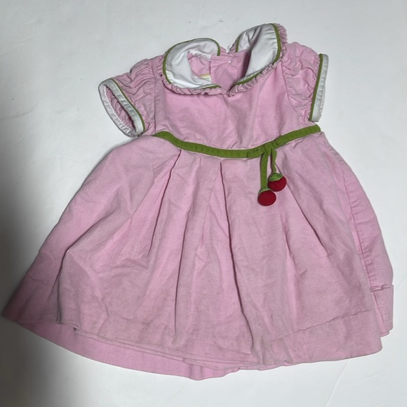 Little English Pink thin cord dress trimmed in green with cherry 🍒 dangles 12 m - Picture 2 of 4